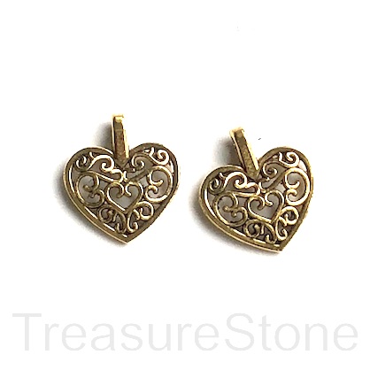 Charm, silver-finished, 14mm filigree heart. Pkg of 9