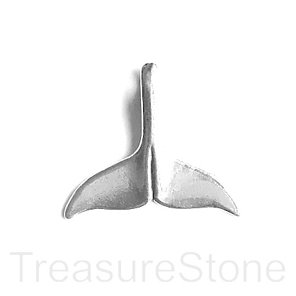 Pendant, silver coloured, pewter, 33mm shark tail. Pack of 3.