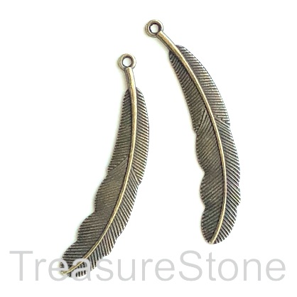 Pendant, brass-finished, 13x48mm feather. Pkg of 5.