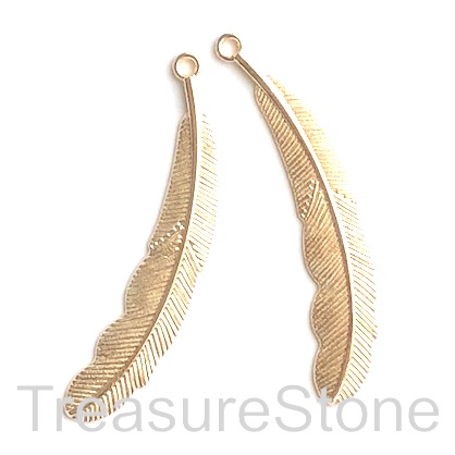 Pendant, gold-finished, 13x48mm feather. Pkg of 5.