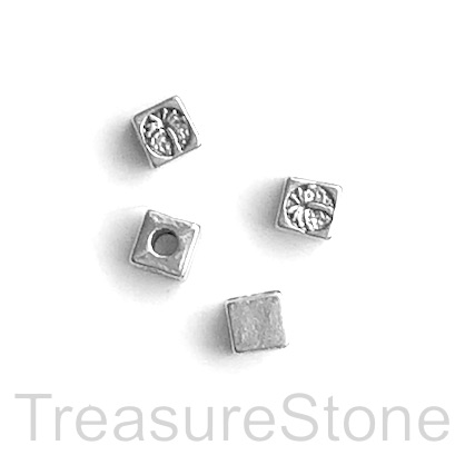Bead, antiqued silver-finished, 4mm cube, spacer, palm tree. 20