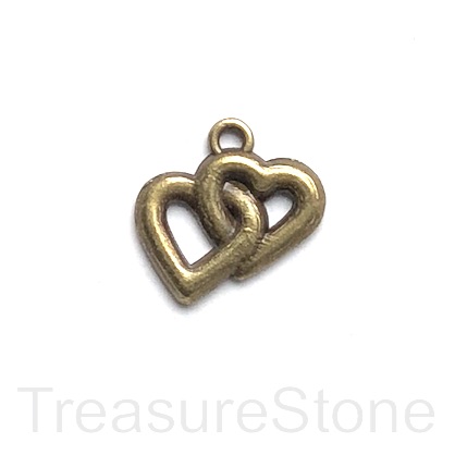 Charm, pendant, brass-plated, 14x18mm double heart. 7pcs