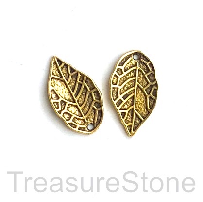 Charm, gold finished, 8x16mm leaf. Pkg of 15 - Click Image to Close