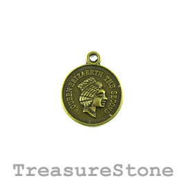 Charm/Pendant, brass-plated, 17mm coin. Pkg of 8.