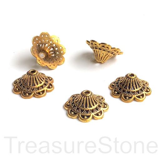 Bead cap, antiqued gold-finished, 7x20mm. Pkg of 4