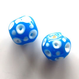 Bead, lampworked glass, blue, 13x14mm. Pkg of 2.