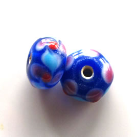 Bead, lampworked glass, blue, 14x8mm rondelle. Pkg of 5
