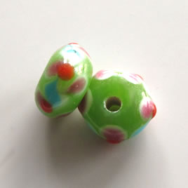 Bead, lampworked glass, green, 14x8mm rondelle. Pkg of 6. - Click Image to Close