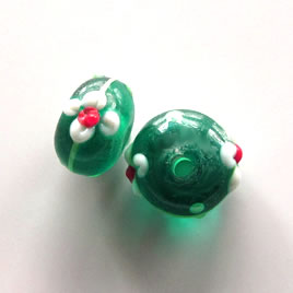 Bead, lampworked glass, green, 14x7mm rondelle. Pkg of 6 - Click Image to Close