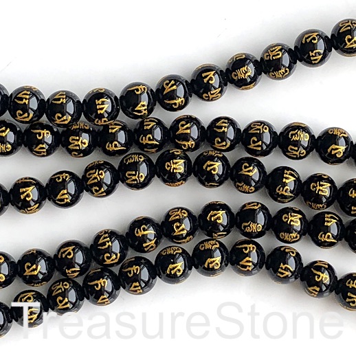 Bead,black onyx,8mm round,gold carved six word mantra.15",48