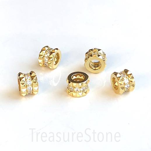 Pave Bead, 7x9mm tube, gold brass, clear CZ, hole, 5mm. ea