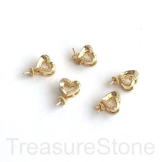 Pave Bail, glue-on for half-drilled beads, 15mm gold heart. each