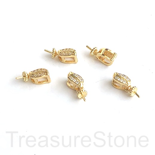 Pave Bail, glue-on for half-drilled beads, 15mm gold leaf. each