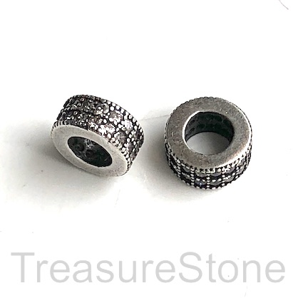 Pave Bead, silver, 4x7mm disc, CZ. Ea - Click Image to Close