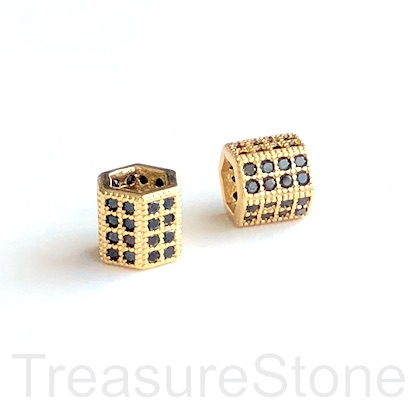 Pave Bead, 8mm, 6 side tube, gold brass, black CZ.hole 5mm,ea