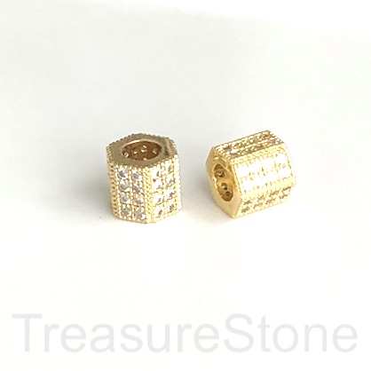 Pave Bead, 8mm, 6 side tube,gold brass,clear CZ.hole 5mm,ea - Click Image to Close