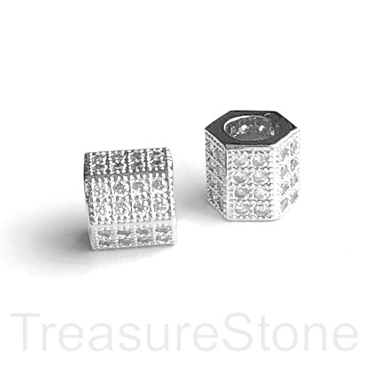 Pave Bead, 8mm, 6 side tube, silver brass, clear CZ. hole 5mm,ea - Click Image to Close