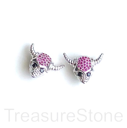 Bead, brass, 13x17mm silver alien horn, pink CZ. Ea - Click Image to Close
