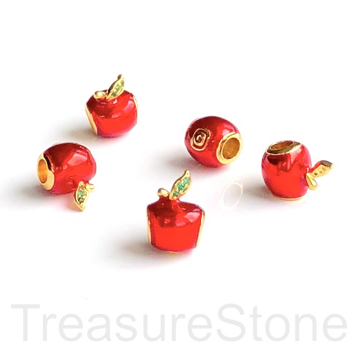 Pave Bead, brass, 10x14mm enamel red apple, large hole: 4mm. Ea