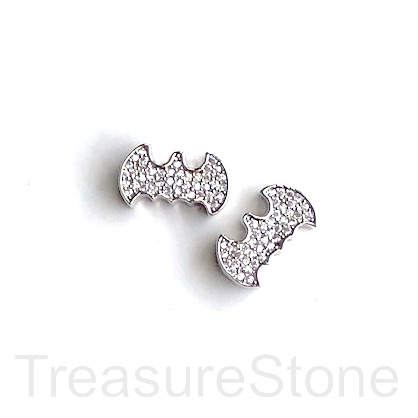 Bead, brass, 8x14mm silver bat, clear CZ. Ea - Click Image to Close