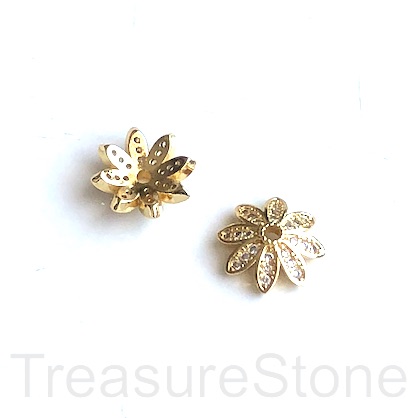 Pave Bead, 12mm gold bead cap, brass, clear CZ. ea