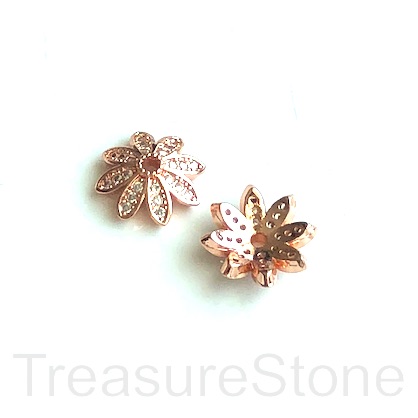 Pave Bead, 12mm rose gold bead cap, brass, clear CZ. ea