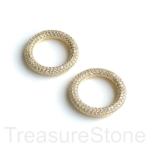 Pave Bead, brass, gold, 25mm ring/circle, 4mm thick,clear CZ. Ea
