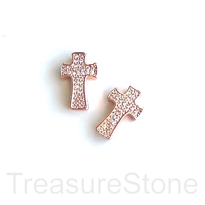 Pave Bead, brass, 10x14mm rose gold cross, clear CZ. Ea