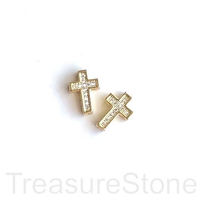 Pave Bead, brass, 7x11mm gold cross, clear CZ. Ea