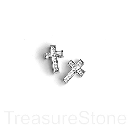 Pave Bead, brass, 7x11mm silver cross, clear CZ. Ea