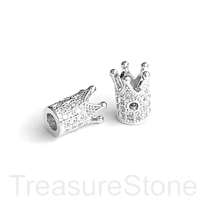 Pave Bead, brass, silver, 7x10mm crown, clear CZ. Each