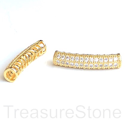 Pave Bead, 27x6mm curved tube, gold plated brass, CZ. ea