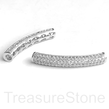 Pave Bead, 32x5mm curved tube, silver plated brass, CZ. ea