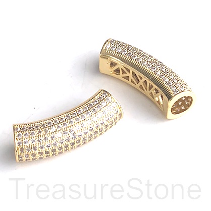 Pave Bead, 29x9mm curved tube, gold plated brass, CZ. ea