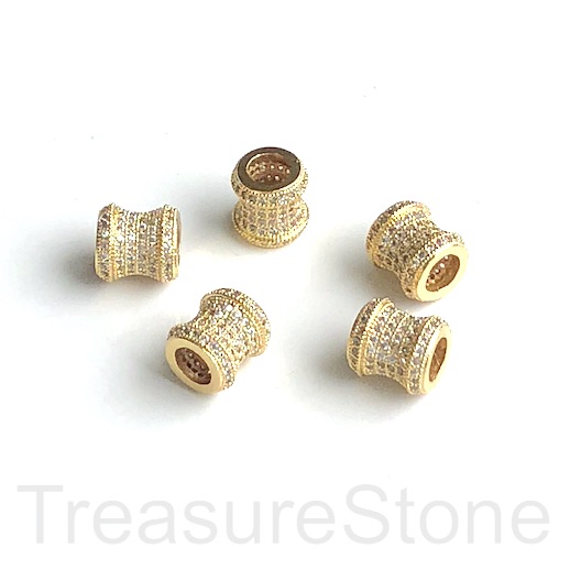 Pave Bead, 9mm curved tube, gold, clear CZ, large hole:4mm. Ea