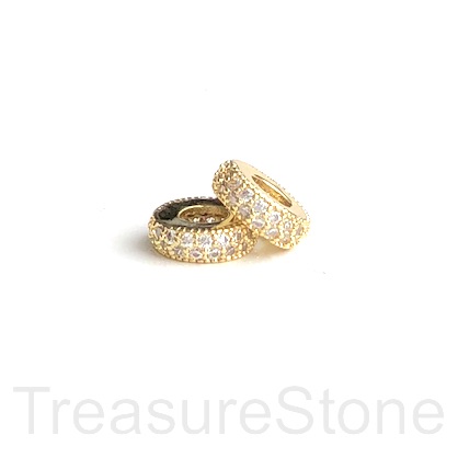 Pave Bead, 3x10mm disc, gold brass, clear CZ.hole 5mm,ea