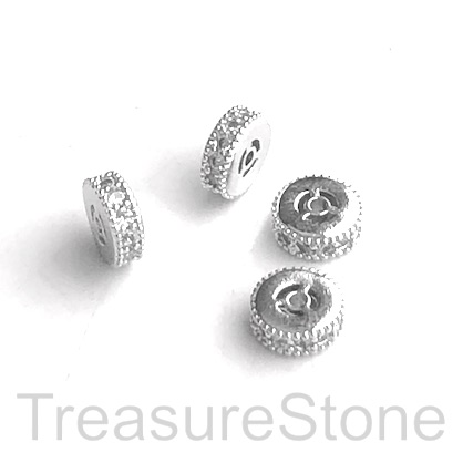 Micro Pave Bead, silver brass, clear CZ, 6x2mm disc. Ea