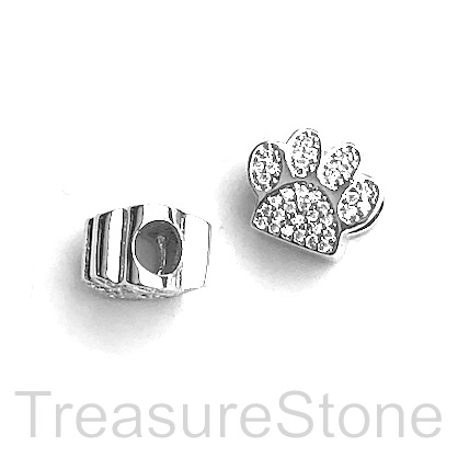 Pave Bead, brass,10x12x7mm silver dog paw,CZ,large hole,4mm.Ea