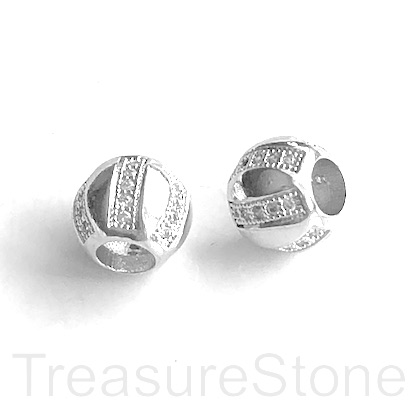 Pave Bead, 9x10mm silver drum, brass, CZ, hole, 4.5mm. Ea