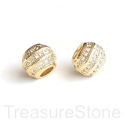 Pave Bead, brass, 7x9mm gold drum, clear CZ,large hole, 3.5mm.Ea