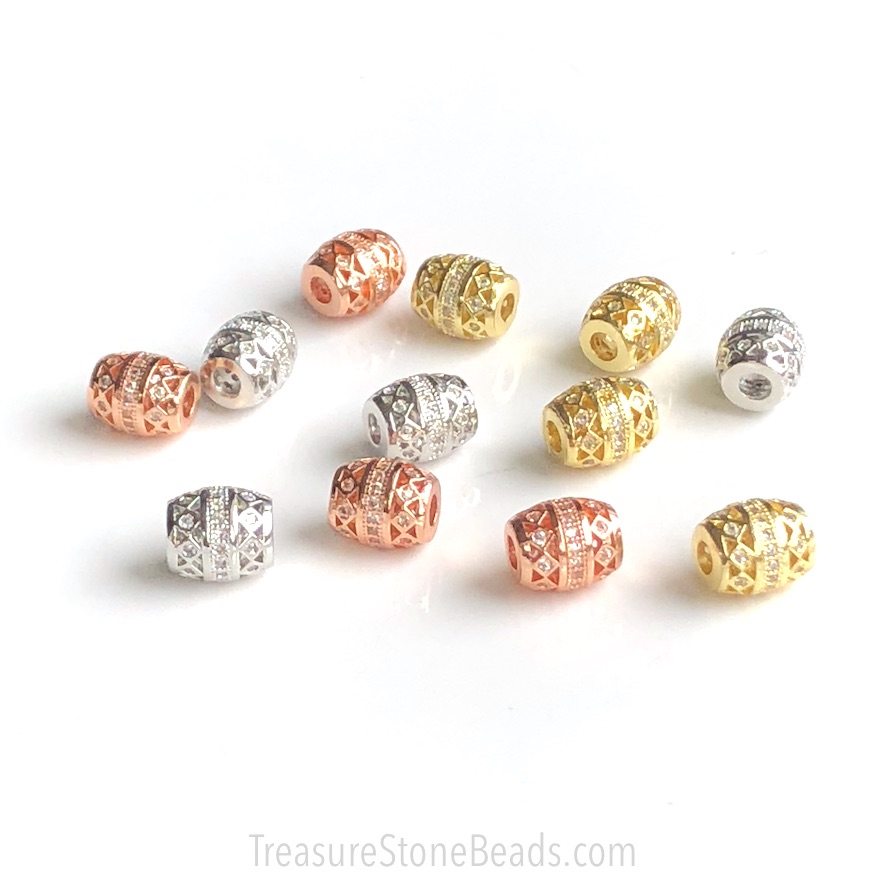 Pave Bead, 7x8mm oval, rose gold brass, clear CZ, hole, 4.5mm.ea