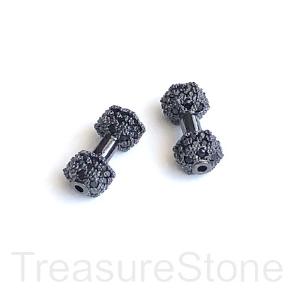 Pave Bead, brass, CZ, 7x16mm black Dumbbell,weight lifting. ea