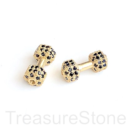 Pave Bead,gold brass, black CZ,7x16mm Dumbbell,weight lifting.ea