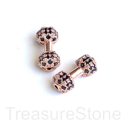 Bead,rose gold brass,black CZ, 7x16mm Dumbbell,weight lifting.ea