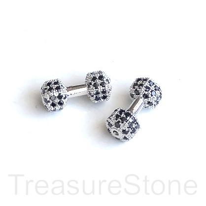 Bead,silver brass, black CZ, 7x16mm Dumbbell,weight lifting.ea