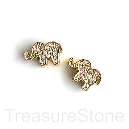 Pave Bead, brass, 7x11x5mm gold elephant, clear CZ. Ea