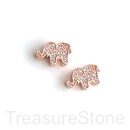 Pave Bead, brass, 7x11x5mm rose gold elephant, clear CZ. Ea