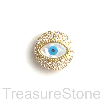 Bead, brass, 15mm gold evil eye with clear CZ. Each