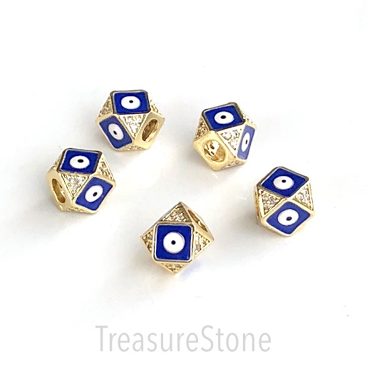 Pave Bead,brass,8.5mm faceted cube,gold, evil eye, clear CZ. Ea