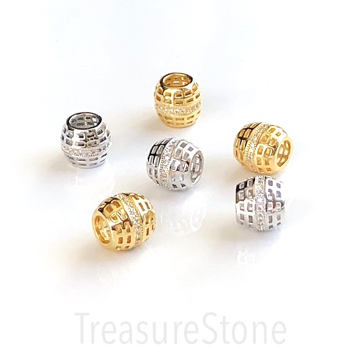 Pave Bead, 10mm gold filigree drum, clear CZ, large hoel:5mm. Ea